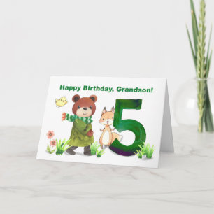 Grandson 5th Birthday Watercolor Bear and Fox Card