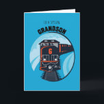 Grandson 6th Birthday Train on Blue Card<br><div class="desc">This diesel train is coming round the bend to wish a special grandson a very special 6th birthday! The train is black,  red and grey and travelling on a blue background.</div>