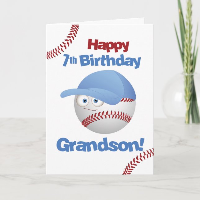 Grandson 7th Birthday Funny Baseball Face Card (Front)