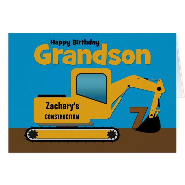 Grandson 7th Birthday Yellow Excavator Add Name (Front Horizontal)