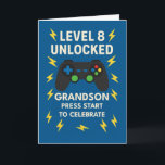 Grandson 8th Birthday Game Controller Age 8 Card<br><div class="desc">A bold and playful birthday card for your gaming-loving grandson turning 8, featuring a game controller and striking lightning bolt background in vivid blues and yellows. The front text reads “LEVEL 8 UNLOCKED, ” celebrating his new age with gamer flair. Inside message is upbeat and encouraging, perfect for a growing...</div>