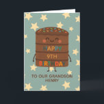 Grandson 9th Birthday Cute Custom Chocolate Cake Card<br><div class="desc">Celebrate your grandson's big day with this adorable 9th birthday card featuring a cute smiling choco cake character illustration, colourful sprinkles, and a cheerful “Happy Birthday” message. Set against a playful star background, this card is perfect for kids who love fun, silly, and sweet designs. Personalise it with the child’s...</div>