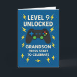 Grandson 9th Birthday Game Controller Age 9 Card<br><div class="desc">A bold and playful design for your grandson’s 9th birthday, this gamer-themed card features a video game controller and electric blue lightning bolts. The words "Level 9 Unlocked" mark the milestone, perfect for a kid who’s all about fun, buttons, and high scores. The inside message encourages adventure and celebrates all...</div>