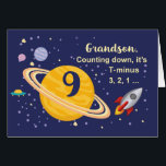 Grandson 9th Birthday Planets in Outer Space<br><div class="desc">Turning 9 is out of this world,  especially when it is your grandson! Rocket ship,  planets and stars fill in the front of the card with the message as you count down to say Happy Birthday!</div>