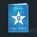 Grandson 9th Birthday Star Blue Green Watercolor Card<br><div class="desc">Your grandson is turning 9, and this vibrant birthday card is the perfect way to mark the occasion! With a beautiful watercolor background of blues and greens, the white star at the centre shines brightly, surrounded by radiating lines that symbolise his growing brightness and strength. A perfect way to remind...</div>