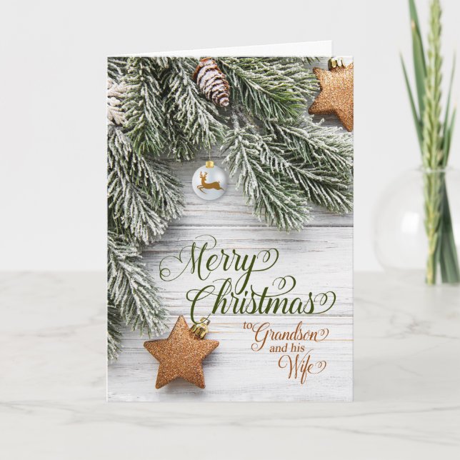 Grandson and Wife Christmas Snowy Pine and Stars Holiday Card (Front)