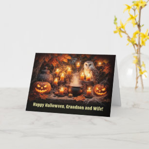 Grandson and Wife Happy Halloween with Owl Card