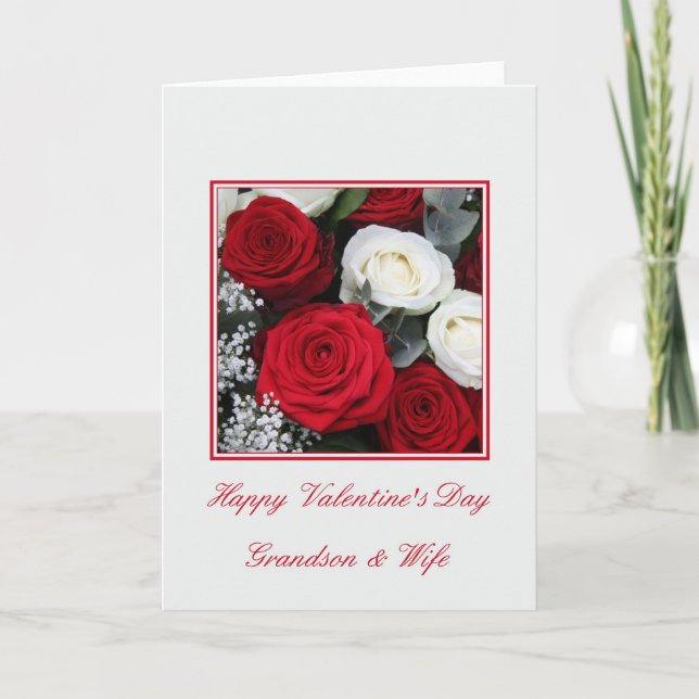 Grandson and  wife red and white roses holiday card (Front)