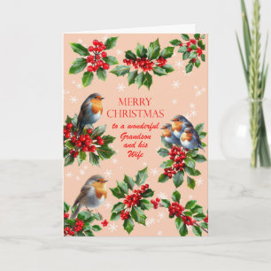 Grandson and Wife Robins and Holly Christmas Holiday Card