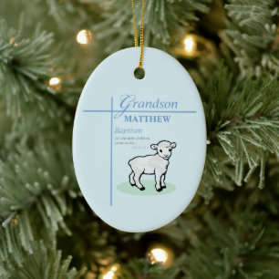 Grandson Baptism Blue Boy Lamb Personalised Ceramic Tree Decoration