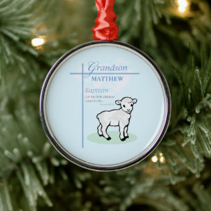 Grandson Baptism Blue Boy Lamb Personalised Metal Tree Decoration