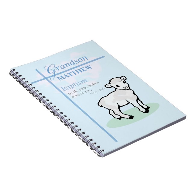 Grandson Baptism Blue Boy Lamb Personalised Notebook (Right Side)