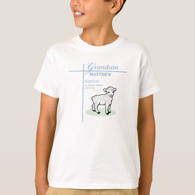 Grandson Baptism Blue Boy Lamb Personalised T-Shirt (Front)