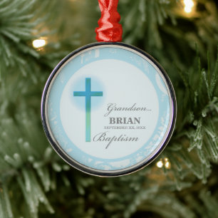 Grandson Baptism Blue Lace Personalised Metal Tree Decoration