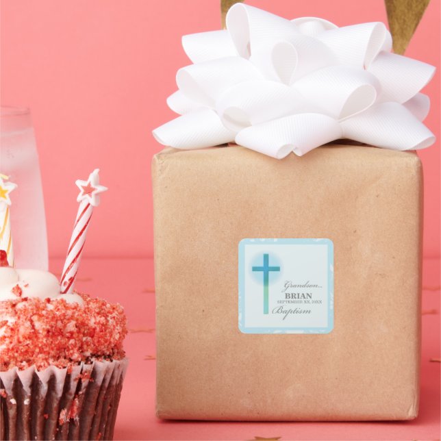Grandson Baptism Blue Lace Personalised Square Sticker (Party)