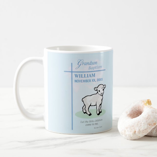 Grandson Baptism Blue Lamb Personalised Coffee Mug (With Donut)