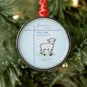 Grandson Baptism Blue Lamb Personalised Metal Tree Decoration