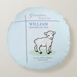 Grandson Baptism Blue Lamb Personalised Round Cushion