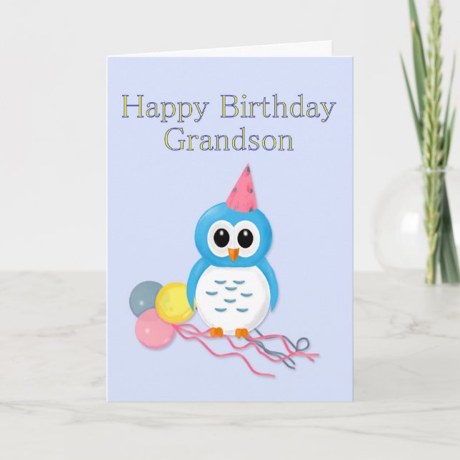 Grandson Birthday Cartoon Owl and Balloons Card (Front)