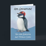 Grandson Birthday Cool Awesome Penguin Baseball Card<br><div class="desc">Celebrate your grandson's special day with this playful and charming birthday card! Featuring a cute penguin wearing a red and blue baseball hat, this watercolor design offers a lighthearted, cool vibe. The front text, "Hey Grandson, You Are Awesome and Totally Cool!" is sure to bring a smile to his face....</div>