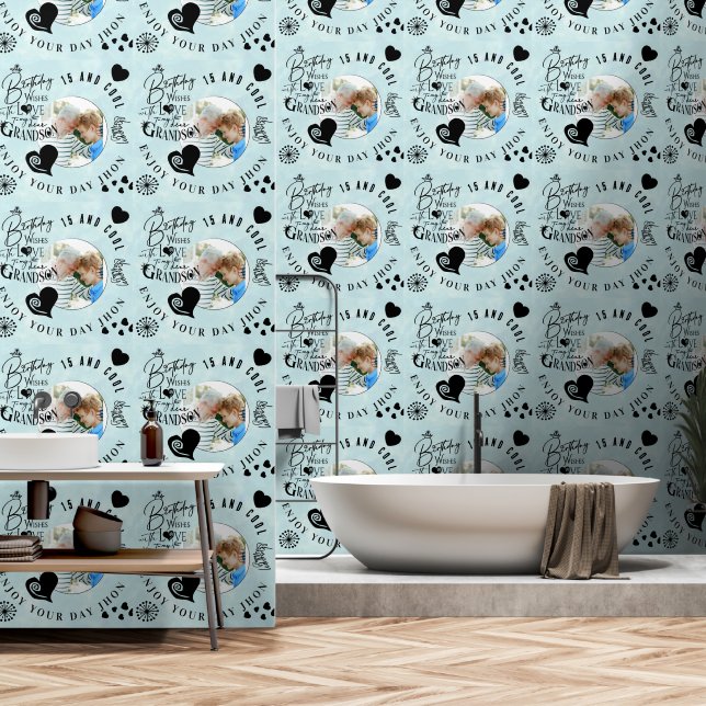 Grandson Birthday Custom Photo Minimalist Wallpaper (Bathroom)