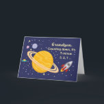 Grandson Birthday Planets in Outer Space, Rocket Card<br><div class="desc">Wish your grandson a happy birthday that is out of this world! Saturn is seen in the golden yellow colour with stars and other planets surrounding it. A rocket ship has just blasted off to wish happy birthday.</div>