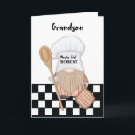 Grandson Birthday Whimsical Gnome Chef Cooking Card<br><div class="desc">This delightful custom name birthday card is designed with creativity and heartwarming charm. The front of the card features a whimsical illustration of a gnome, your grandson, wearing a chef's hat with a wooden spoon and pot holder in hand. His playful beard adds a touch of character, showcasing his love...</div>