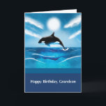 Grandson Birthday with Orca Whale in Ocean Card<br><div class="desc">An orca whale is leaping out of the blue and green ocean. Wish your grandson a whale of a good time as he celebrates. Perfect for many ages, as boys often like the ocean and undersea world. The water is filled with waves and swirls as the sun shines brightly. Teens,...</div>