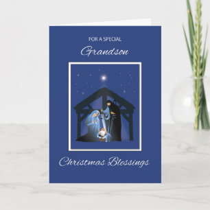 Grandson Christmas Blessings Manger on Blue Card