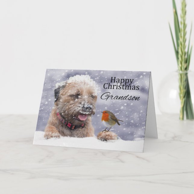 Grandson, Christmas, Border Terrier Dog Card (Front)