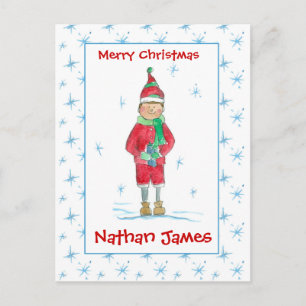Grandson Christmas Elf Snowflakes Custom Namea Holiday Postcard