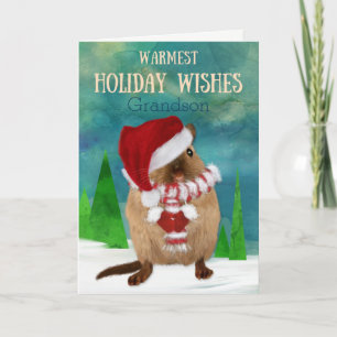 Grandson Christmas Gerbil Santa Hat in Winter Holiday Card