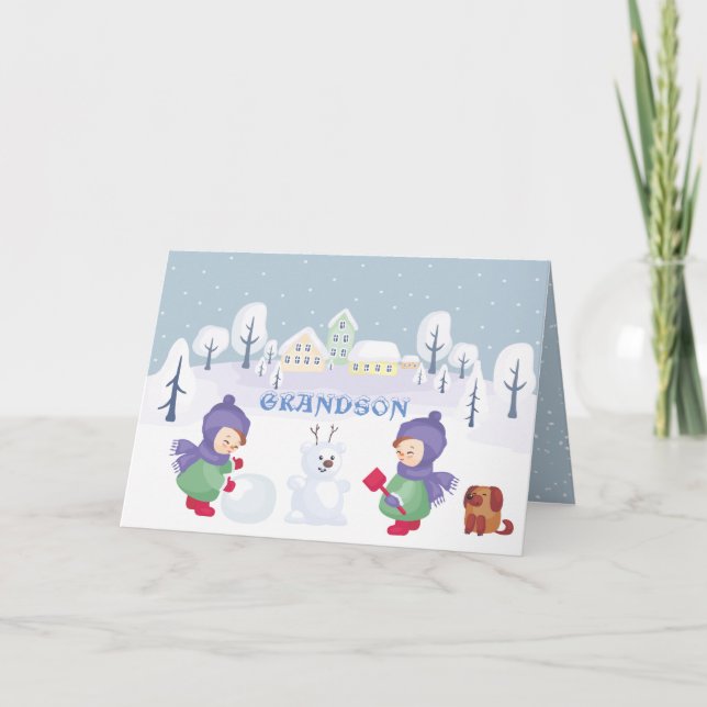 Grandson Christmas Snow Scene Blue Watercolor  Holiday Card (Front)