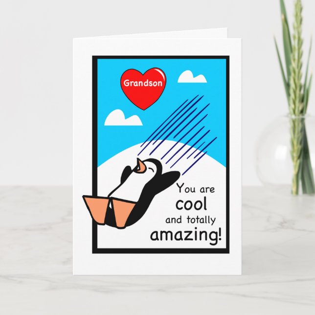 Grandson Cool Valentine Penguin Holiday Card (Front)