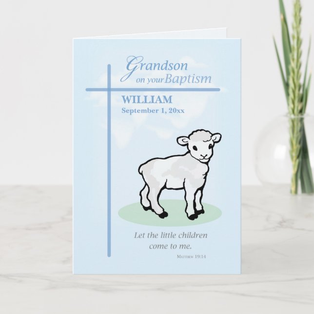 Grandson Custom Name and Date Baptism Blue Lamb Card (Front)
