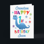 Grandson Dinosaur 1st Birthday Card<br><div class="desc">A special 1st birthday card for your grandson! This bright fun first birthday card features a blue dinosaur, some pretty stars and colourful text. A cute design for someone who will be one year old. Add the 1st birthday child's name to the front of the card to customise it for...</div>