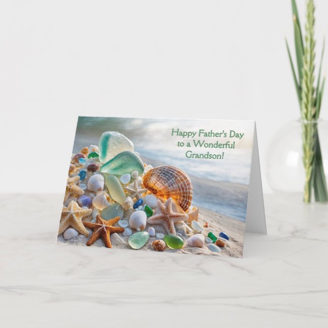 Grandson Fathers with Beach Seashells Sea Card (Front)