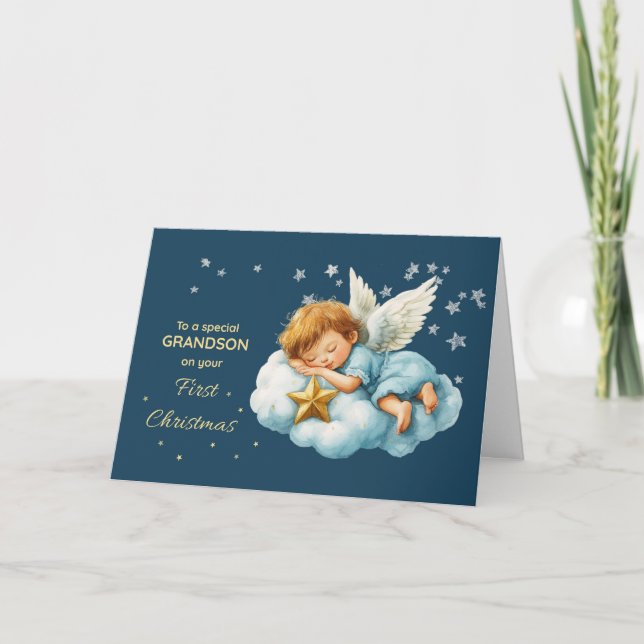Grandson First Christmas Sleeping Angel on Cloud Card (Front)