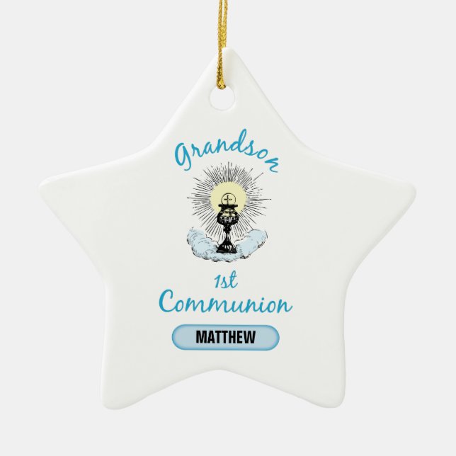 Grandson First Communion, Blue Cup Ceramic Tree Decoration (Front)