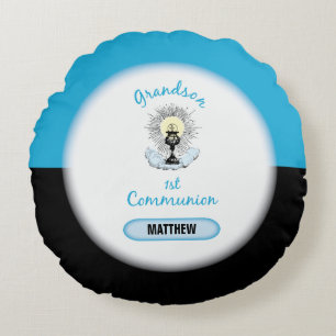 Grandson First Communion, Blue Cup Round Cushion