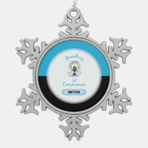 Grandson First Communion, Blue Cup Snowflake Pewter Christmas Ornament