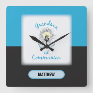 Grandson First Communion, Blue Cup Square Wall Clock