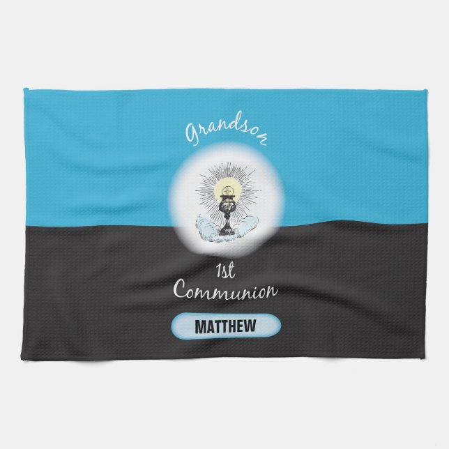 Grandson First Communion, Blue Cup Tea Towel (Horizontal)