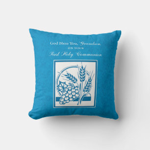 Grandson First Communion Blue, Wheat, Grapes Cushion