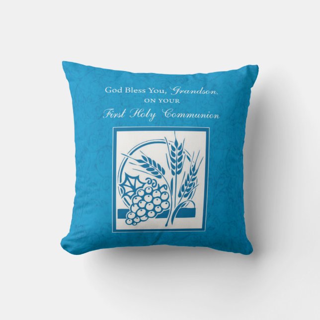 Grandson First Communion Blue, Wheat, Grapes Cushion (Front)