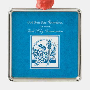 Grandson First Communion Blue, Wheat, Grapes Metal Tree Decoration