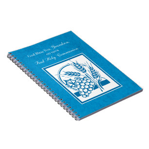 Grandson First Communion Blue, Wheat, Grapes Spiral Notebook