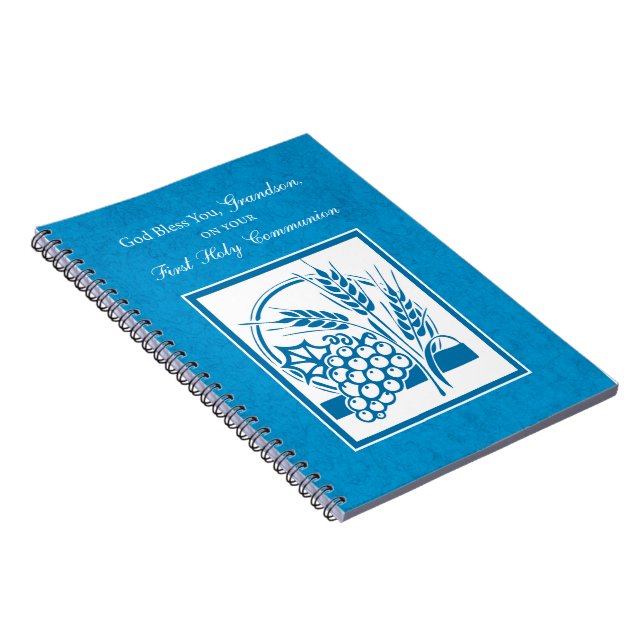 Grandson First Communion Blue, Wheat, Grapes Spiral Notebook (Right Side)