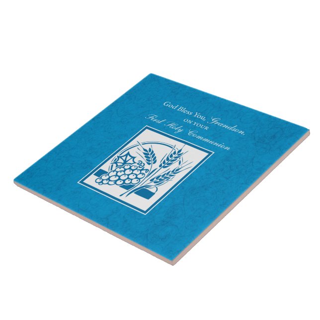 Grandson First Communion Blue, Wheat, Grapes Tile (Side)