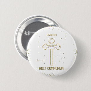 Grandson First Holy Communion Gold Look Cross 6 Cm Round Badge